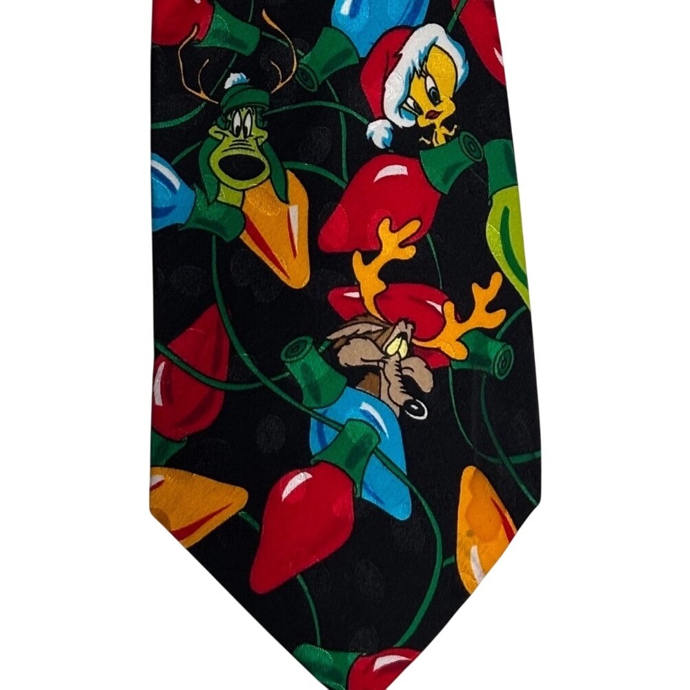 Looney Tunes Christmas Necktie Bugs Bunny Taz Tweety Sylvester 100% Silk EUC